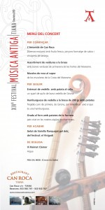 Menú del concert al restaurant Can Roca de Tiana